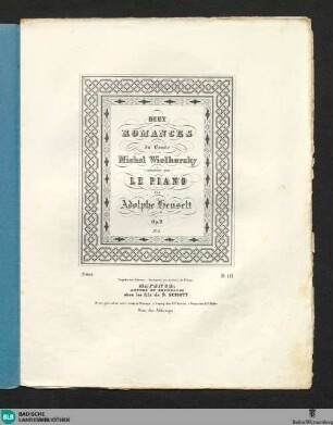 Deux romances du Comte Michel Wielhorsky : transcrites pour le piano; op. 9, No. 3