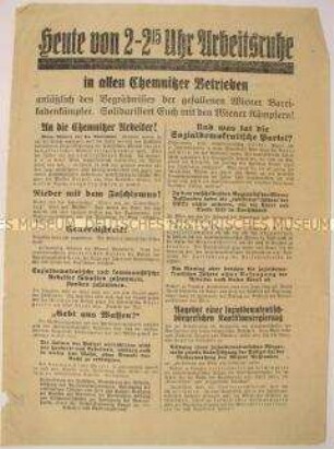 Solidarischer Streikaufruf der Kommunisten in Chemnitzer Betrieben anlässlich der Beisetzung gefallener Wiener Barrikadenkämpfer