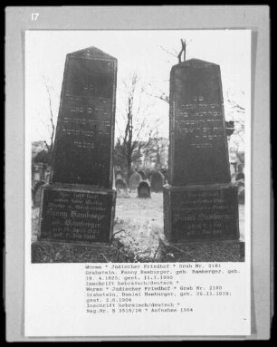 Grabstein von Fanny Hamburger (geborene Bamberger) (gestorben 1900.07.11) und Daniel Hamburger (gestorben 1904.06.02)