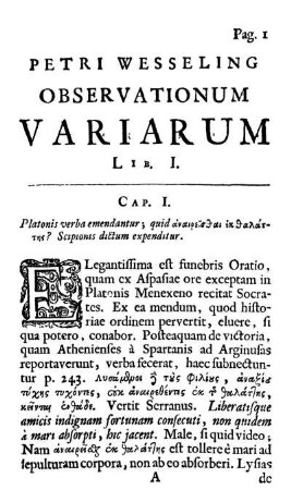 Cap. I. Platonis verba emendantur, quid ἀναιρεῖσθαι ἐκ θαλάττης ? Scipionis dictum expenditur.