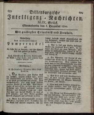 XLIX. Stück. Sonnabends den 6. December 1800.