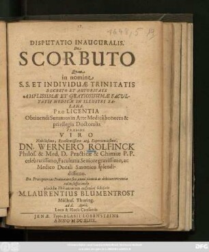 Disputatio Inauguralis. De Scorbuto