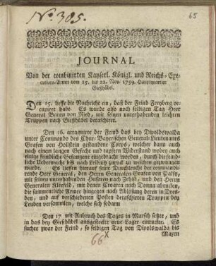Journal Von der combinierten Kayserl. Königl. und Reichs-Executions-Armee vom 15. bis 22. Nov. 1759. Hauptquartier Gießhübel