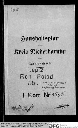 Haushaltspläne des Kreises Niederbarnim für das Rechnungsjahr 1932