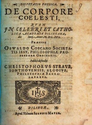 Disputatio Physica De Corpore Coelesti