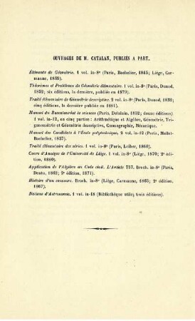 OUVRAGES DE M. CATALAN, PUBLIÉS A PART.