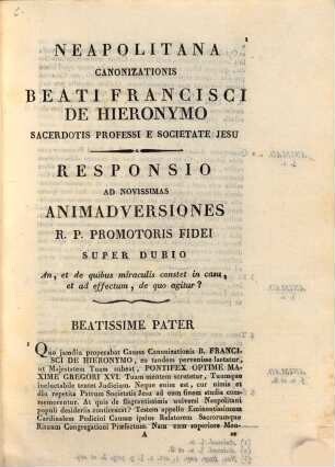 Neapolitana canonizationis beati Francisci de Hieronymo sacerdotis professi e Societate Jesu, [3]. Novissma positio super novis miraculis post indultam venerationem