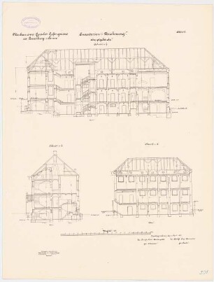 Gerichtsgefängnis, Lauenburg: Längsschnitt, Querschnitt 1:100