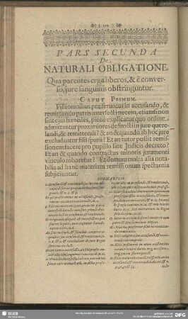 Pars Secunda De Naturali Obligatione, Qua parentes erga liberos, & e converso, iure sanguinis obstringuntur