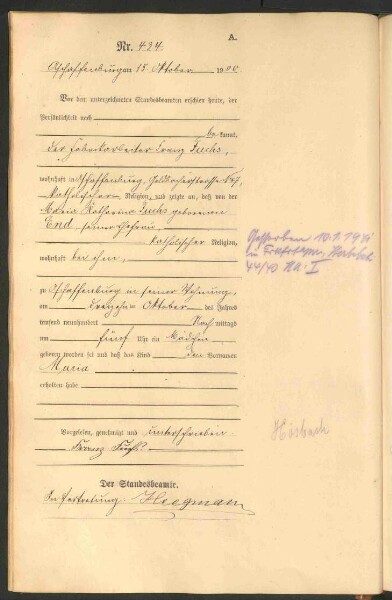 Standesamtsbuch der Stadt Aschaffenburg: Geburten 365/1900 - 184/1901