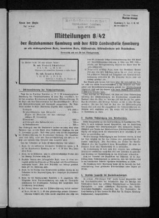 Mitteilungen 8/42 der Ärztekammer Hamburg und der KVD Landesstelle Hamburg an alle niedergelassenen Ärzte, beamteten Ärzte, Assistenzärzte, Hilfskassenärzte und Ärztekasinos.