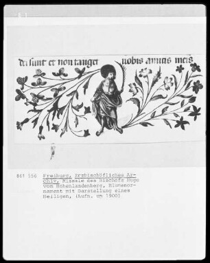 Blumenornament mit Darstellung eines Heiligen