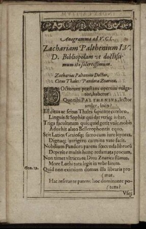 Anagramma ad V. CL. Zachariam Palthenium I. V. [...]