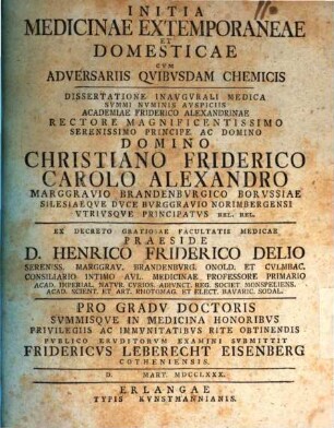 Initia Medicinae Extemporaneae Et Domesticae : cum adversariis quibusdam chemicis