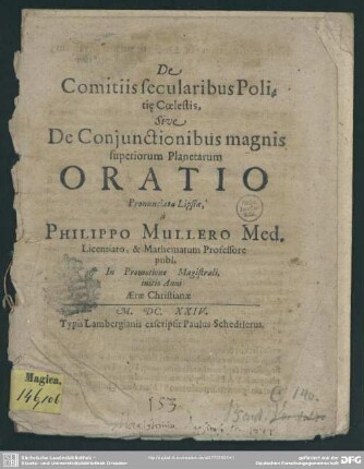 De comitiis secularibus politi[a]e coelestis, sive de coniunctionibus magnis superiorum planetarum oratio