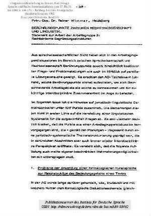Berührungspunkte zwischen Rechtswissenschaft und Linguistik. Statement zur Arbeit der Arbeitsgruppe 2: Rechtsinteme Begründungsstrukturen