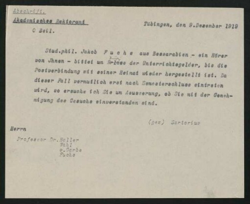 Abschrift Akad. Rektoramt 9.12.1919