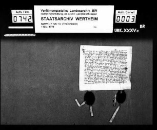Urkunde des Klosters Triefenstein, worin dem Klosterbruder Dietrich von Retzstadt dafür, dass er zum Erwerb einiger Gefälle zu Erlenbach 9 Pfund Heller beigeschossen, der lebenslängliche Genuss dieser Gefälle und nach seinem Tod die Abhaltung eines Jahrstags zugesichert wird.