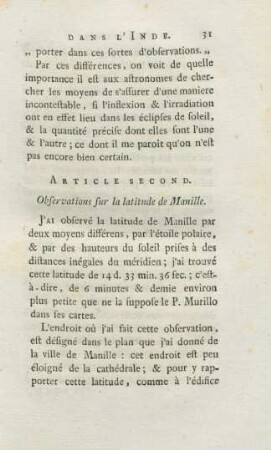 Article second. Observations sur la latitude de Manille