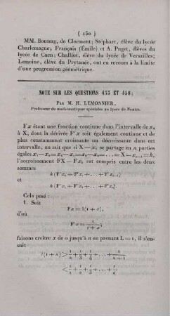 Note sur les questions 453 et 458.