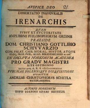 Dissertatio Inavgvralis De Irenarchis