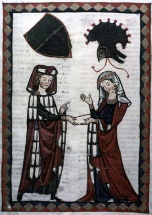 Manessische Liederhandschrift oder Große Heidelberger Liederhandschrift — Herr Burkhart von Hohenfels übergibt seiner Geliebten ein Minnegedicht, Folio 110recto