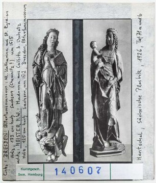Vergleich: links Hl. Katharina aus St. Egidien. Dresden, Altertumsmuseum. rechts Meister H.W., Madonna von Calbitz bei Oschatz