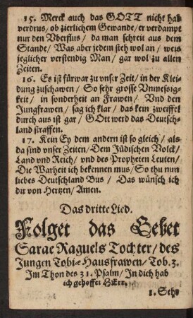 Das dritte Lied. Folget das Gebet Sarae Raguels Tochter ...