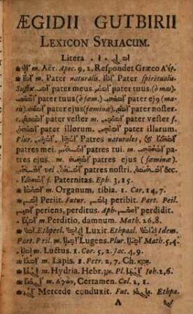 Lexicon Syriacum : Continens Omnes N. Test. Syriaci Dictiones Et Particulas, Cum Spicilegio Vocum quarundam peregrinarum ... & Appendice, Quae exhibet diversas punctationes ... Adjecto Indice Latino accuratissimo, & Catalogo Nominum Propriorum ...