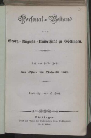 SS 1862: Personal-Bestand der Georg-Augusts-Universität zu Göttingen