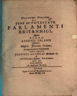 Discursus publicus de jure ac potestate parlamenti Britannici
