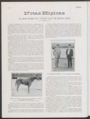 Notas hípicas : El gran premio del "Jockey Club" de Buenos Aires