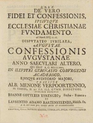 De Vero Fidei Et Confessionis Ipsivsqve Ecclesiae Christianae Fvndamento