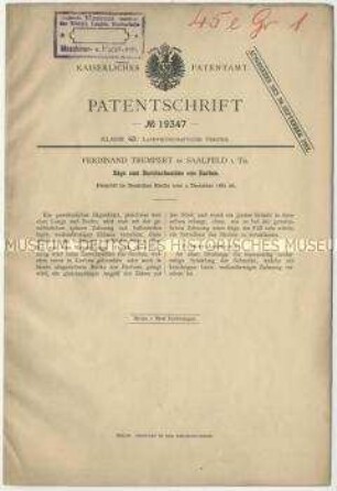 Patentschrift einer Säge zum Durchschneiden von Garben, Patent-Nr. 19347