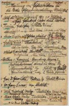 Liste der angefragten Leihgaben zur ersten Fidus-Gesamtausstellung im Herbst 1928