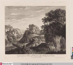 [Landschaft mit mehreren Figuren, Ziegen und Schafen im Vordergrund und einer Ruine im Hintergrund]