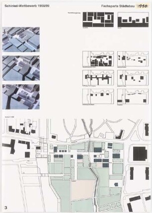 Städtebaulicher Entwurf für den Ausbau des Ortszentrums Berlin-Buch Schinkelwettbewerb 1999: Lageplan 1:1000, schematische Lagepläne, Modellfotos