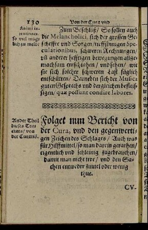 Folget nun Bericht von der Cura und den gegenwertigen Zeichen des Schlages ...
