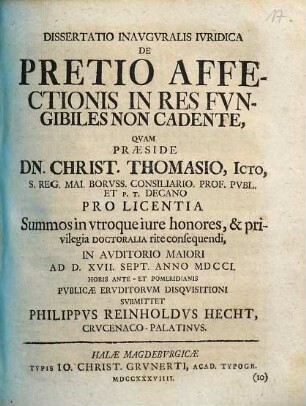 Dissertatio Inavgvralis Ivridica De Pretio Affectionis In Res Fvngibiles Non Cadente