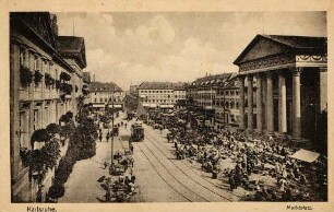 Postkartenalbum mit Motiven von Karlsruhe. "Karlsruhe, Marktplatz"