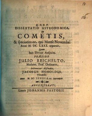 Dissertatio Astronomica, De Cometis, & speciatim eo, qui Mense Novembri Anni M.DC.LXXX. apparuit