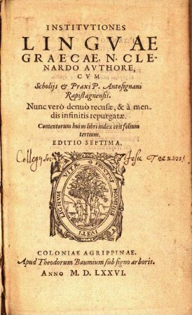 Institvtiones || Lingvae || Graecae, N. Cle-||nardo Avthore