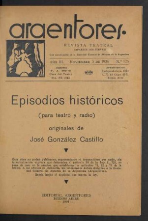 1936012600: Episodios históricos : (para teatro y radio)