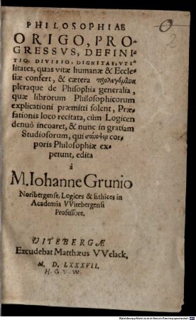 Philosophiae origo, progressus, definitio, divisio, dignitas, utilitas, quas viae humanae et exxlesiae confert, et caetera