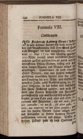 Formula VIII. Quittungen. - Formula XV. Fernere Verzicht oder Renuncirung einer vätterlichen Erbschafft.