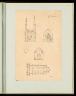 Dorfkirche Monatskonkurrenz Mai 1863: Grundriss, Aufriss Eingangsansicht, Choransicht, Querschnitt (Richtung Altar); Maßstabsleiste