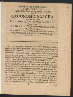 Disputationes Exegeticae, In Epistolam S. Pauli ad Colossenses
