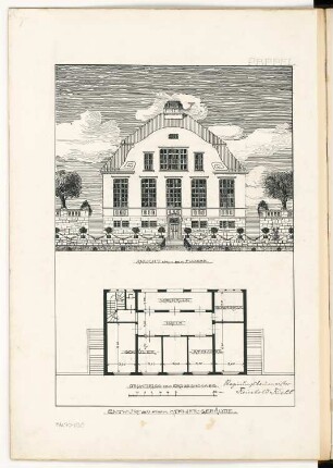 Ateliergebäude Monatskonkurrenz April 1904: Grundriss Erdgeschoss, Aufriss Hangansicht; Maßstabsleiste