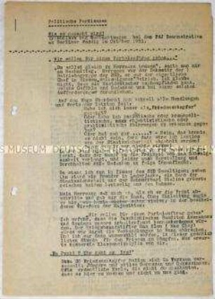 Maschinenschriftlicher Bericht eines DDR-Bürgers über die Vorbereitung von SED-Mitgliedern auf einen Propaganda-Einsatz in Berlin (West)
