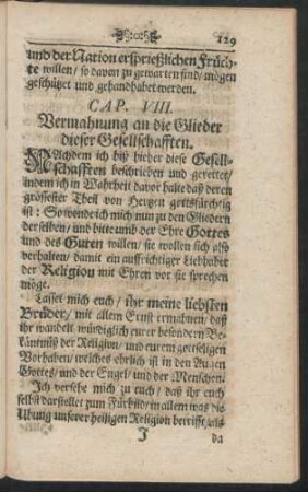 Cap. VIII. Vermahnung an die Glieder dieser Gesellschafften.